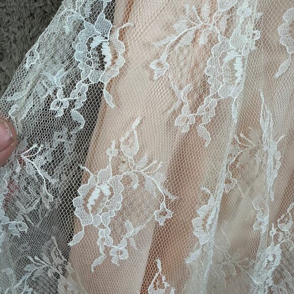 Vintage 80s Pink Peach Lace Dress Victorian Frilly Rosette Coquette Cottage Prom - Picture 11 of 15